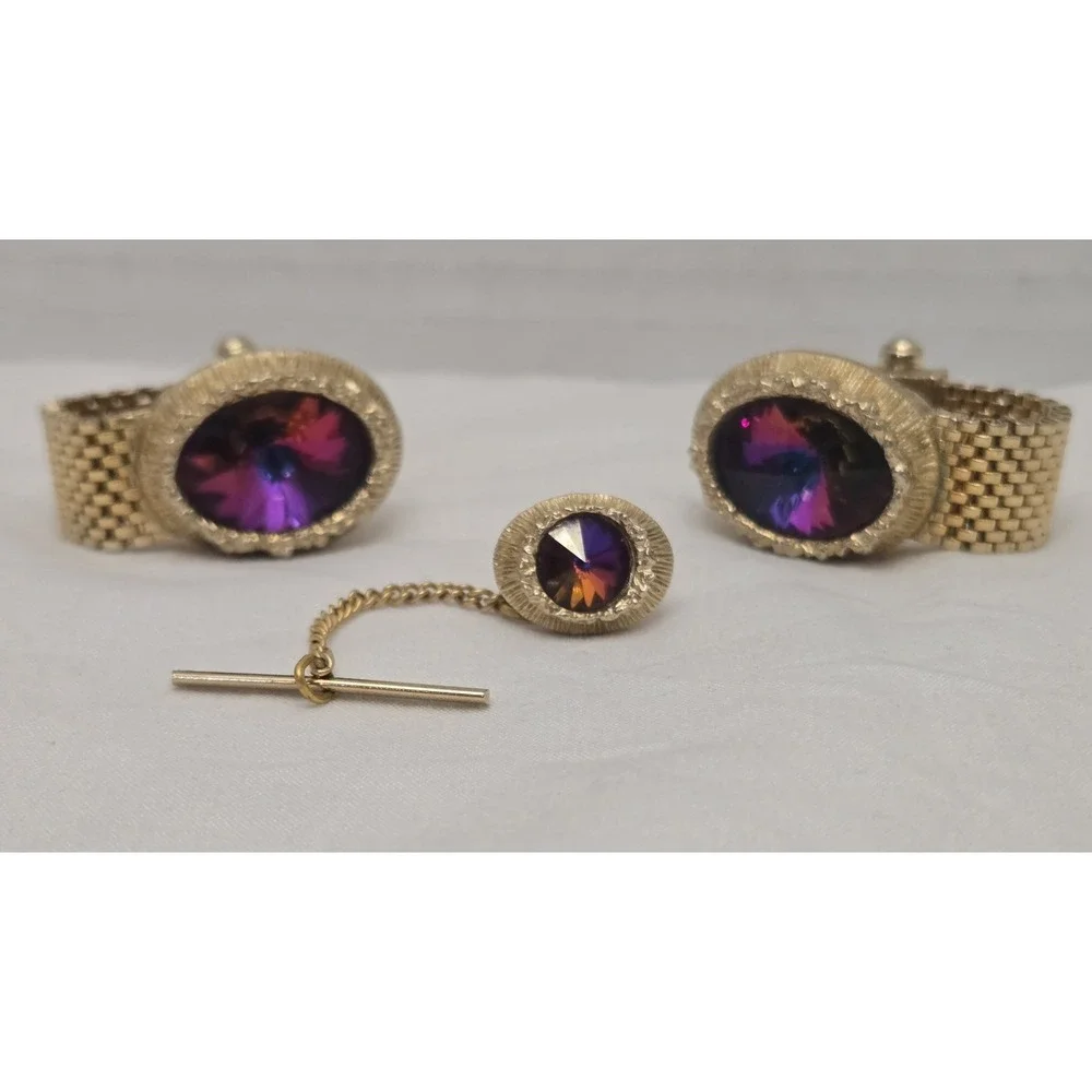 Vintage SWANK Mesh Wrap Around Cufflinks & Tie Tack Set Watermelon Rivoli AB...